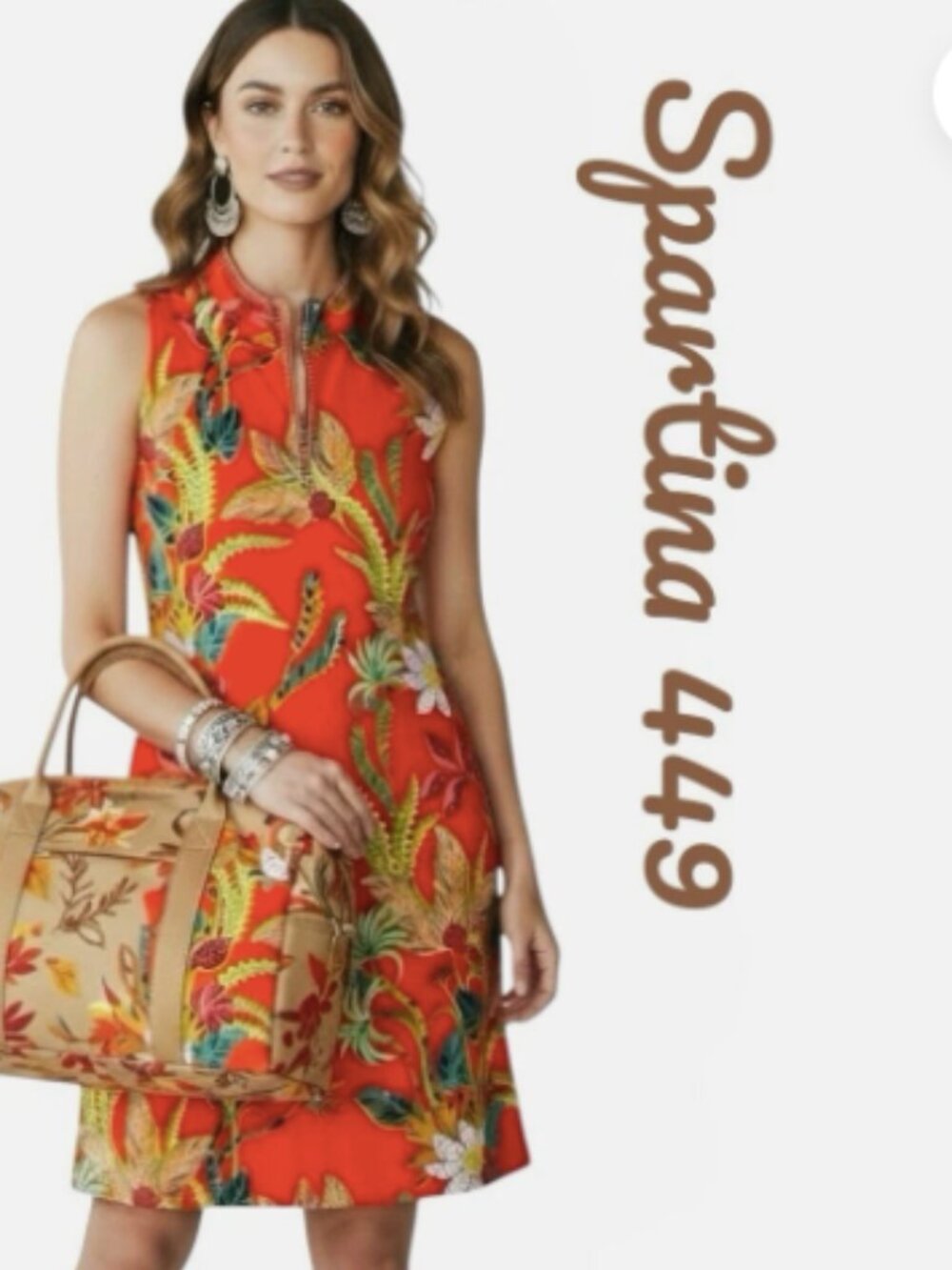 Spartina 449 Dress Orange Tropical Print Stretch Mock Neck 1/4 zip sleeveless S